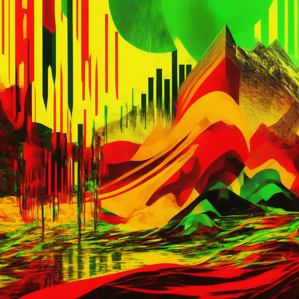 Crypto landscape, Federal Reserve liquidity tightening, interest rate hikes, dollar index rising, Bitcoin dropping amidst inflation, debt ceiling deal, Nasdaq futures falling, mood: wary optimism, artistic style: dynamic abstract, prominent colors: red, gold, and hints of green, setting: digital financial world.