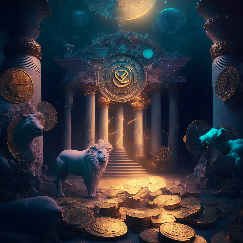Ethereal crypto realm, diverse coins in focus, dusk lighting, baroque-inspired textures, juxtaposition of bullish & bearish moods, LEO, AI, TON, NEO, SPONGE, ECOTERRA, YPRED tokens, AI-driven insights, sustainable NFT backdrop, energetic trading atmosphere.