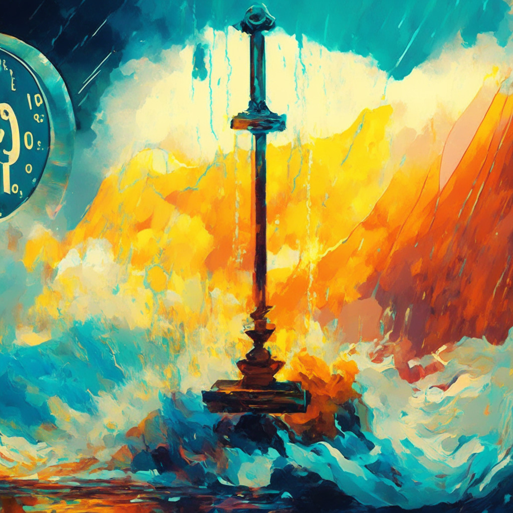 Crypto market turbulence scene, balance scale representing innovation and stability, stormy weather depicting market fluctuations, warm colors for potential growth, cool colors for risks, impressionist style, soft morning light, introspective mood, no brands/logos.