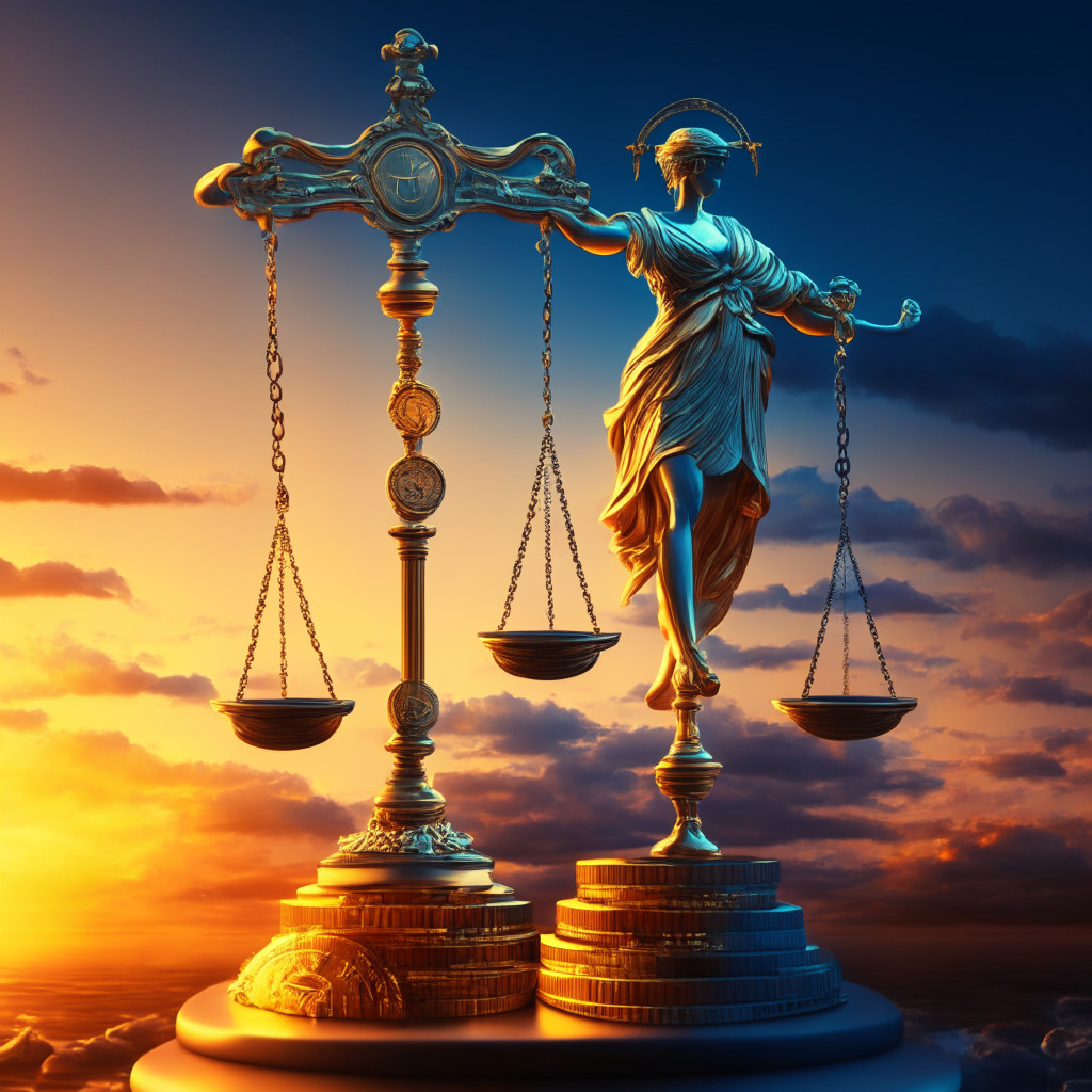 Crypto regulation balance, a digital scale evenly weighing coins and a gavel, sunset gradient sky, baroque-style intricate details, low-angle shot with the scales primary focus, duality between investor protection & decentralized innovation, cautious optimism, harmonious evolution of financial systems.