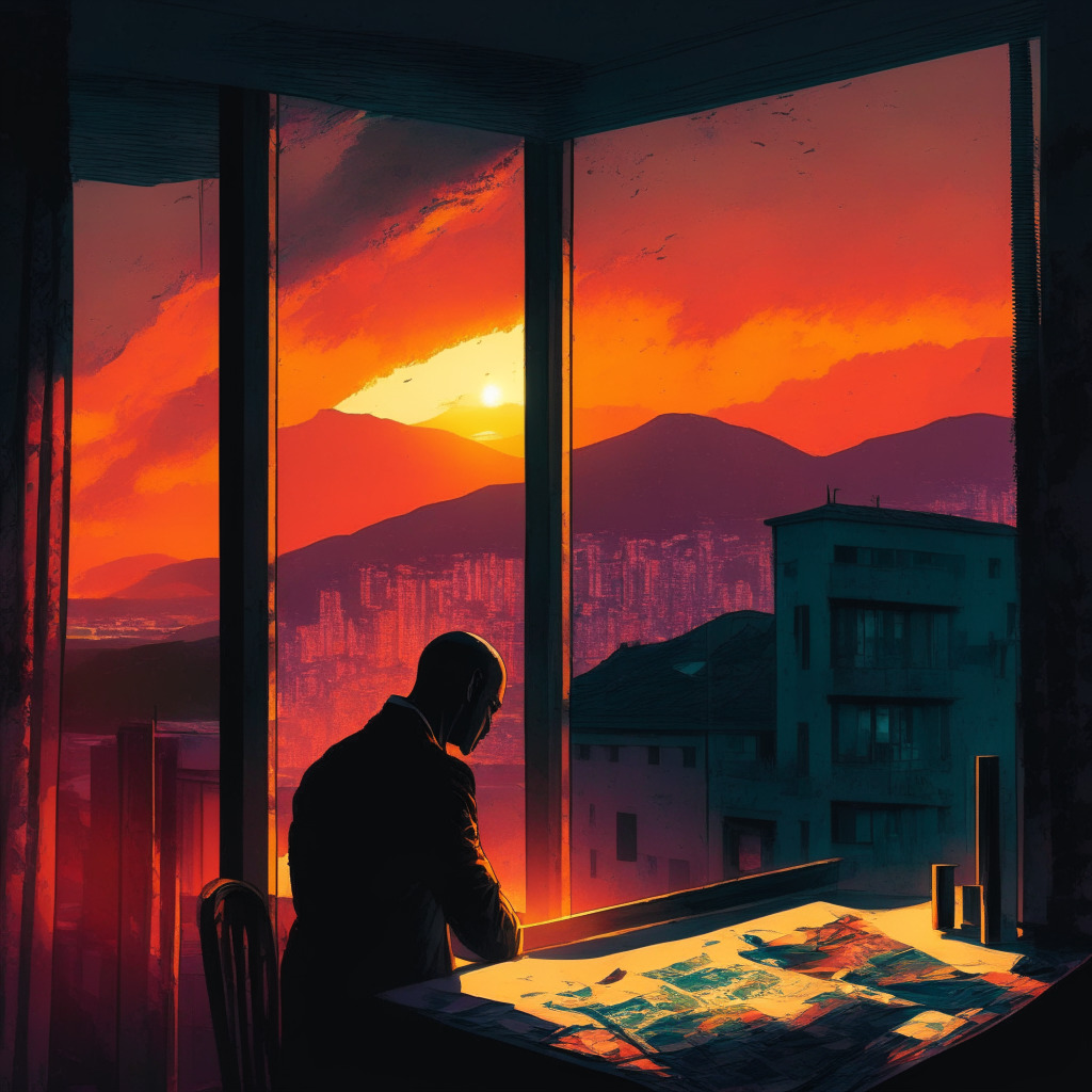 Fading sunset over Montenegro's cityscape, a figure under house arrest gazes out of the window, reflecting the uncertain mood of crypto regulations, chiaroscuro lighting highlights legal documents scattered nearby, a scale symbolizing balance and justice, contrasting colors emphasize growing trust and evolving challenges, dynamic composition for engaging visuals.
