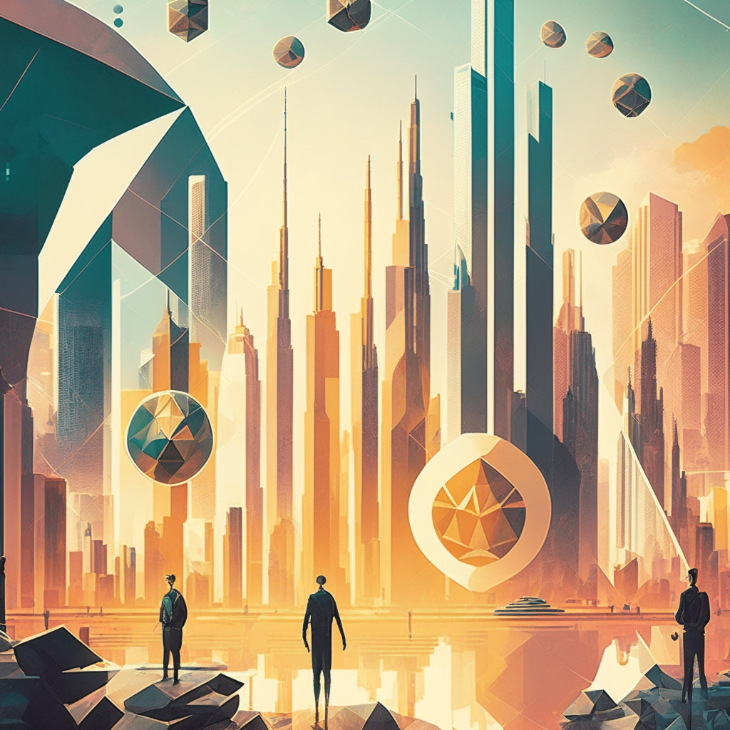 Crypto world balancing act, futuristic city skyline with innovative tech & contrasting regulations, daytime scene, soft warm colors reflecting hope, firm geometric shapes symbolizing stability, busy financial market in the foreground, diverse group contemplating the crypto landscape, dynamic yet harmonious composition, overall mood: cautious optimism.