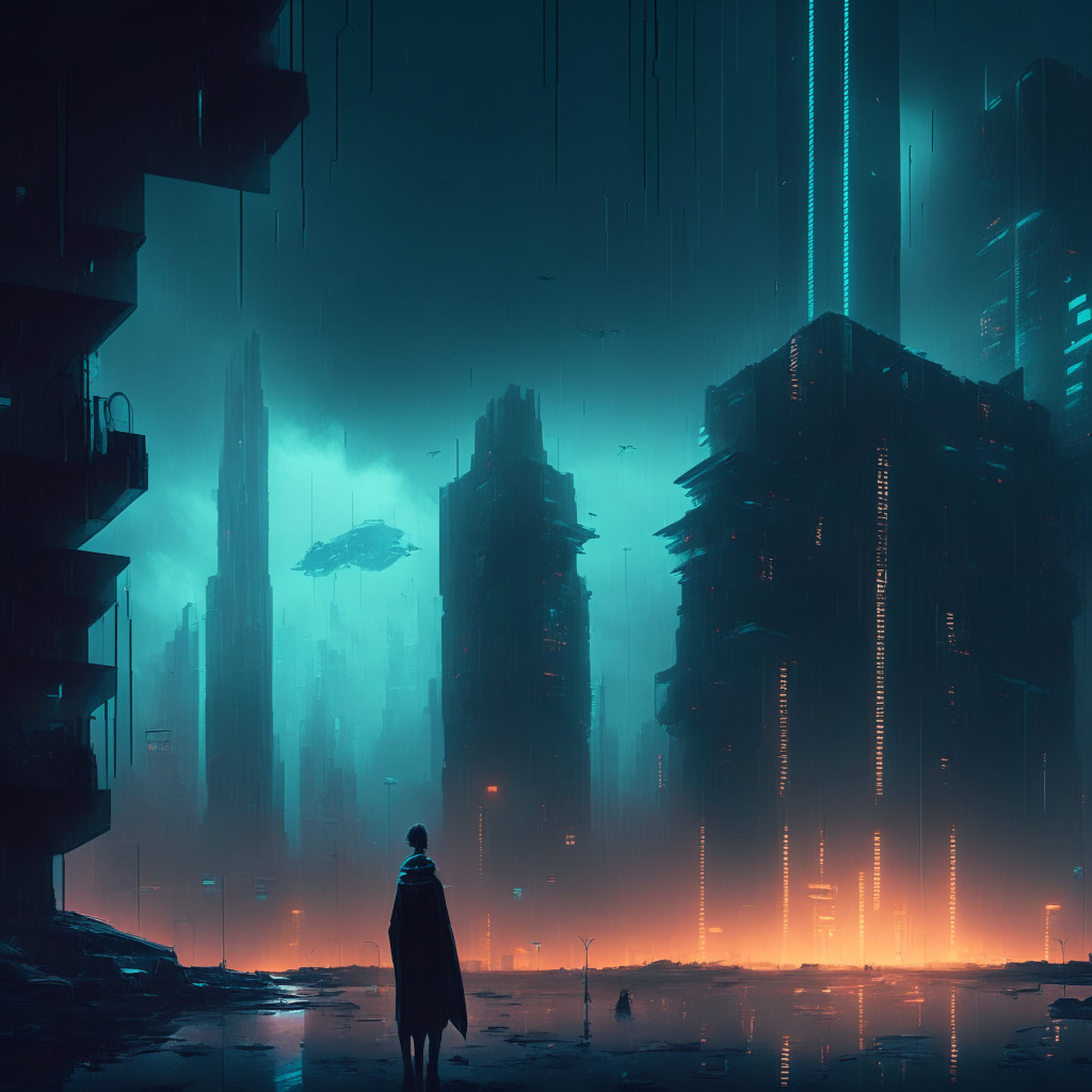 Futuristic cityscape, blockchain imagery, gloomy atmosphere, scattered NFTs, game characters turned off, AI tendrils in the background, artistic chiaroscuro lighting, tense mood, contrast between halted industry & emerging innovation, regulatory shadow looming overhead.