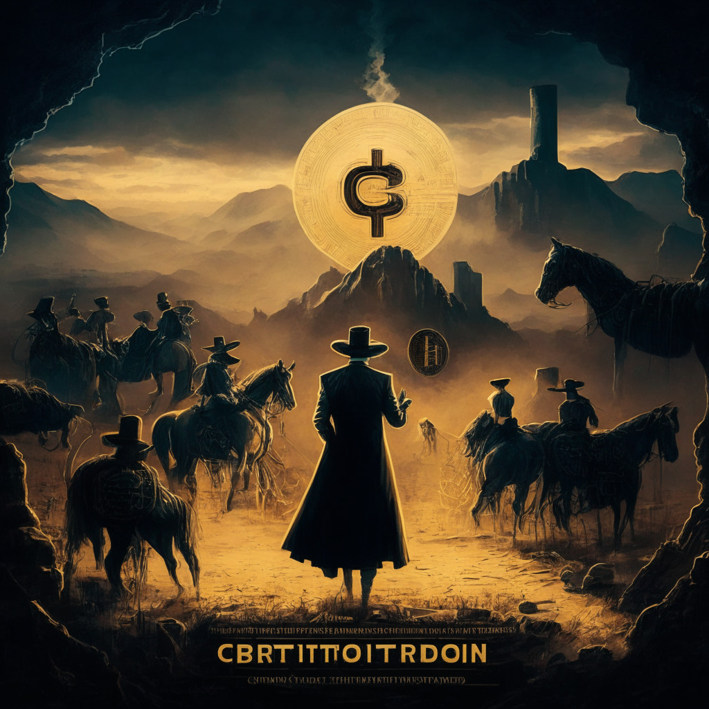 Crypto reputation crisis, overcoming scandals, blockchain evolution, dusk setting, chiaroscuro style, suspenseful atmosphere, digital Wild West, embrace of regulations, blend of traditional & modern finance, path to legitimacy, dynamic collaboration, metamorphosis mood, rebirth of crypto industry.