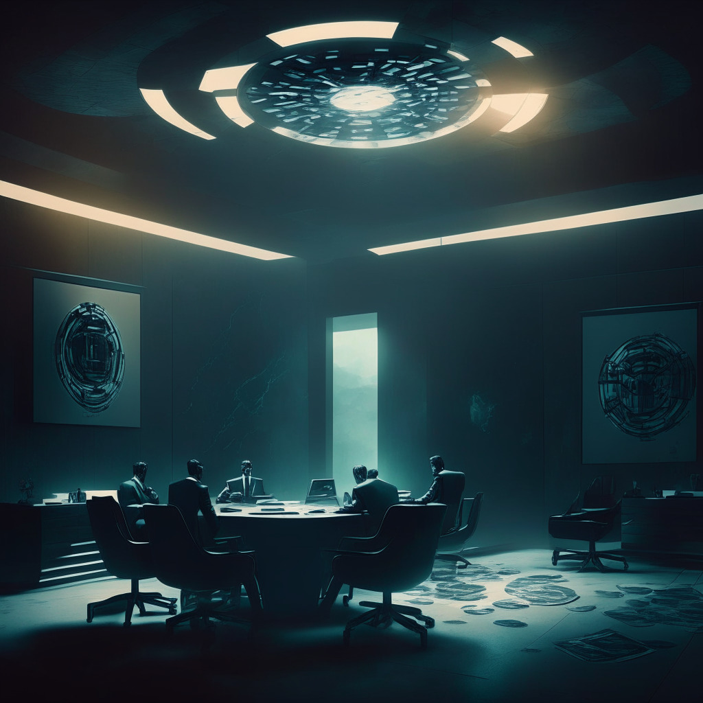 Gloomy negotiation room, intense mediation between two executives, crypto coins & legal documents scattered, virtual blockchain in the background, chiaroscuro lighting, tensions running high, emphasizing uncertainty and accountability in the crypto space, futuristic artistic style.