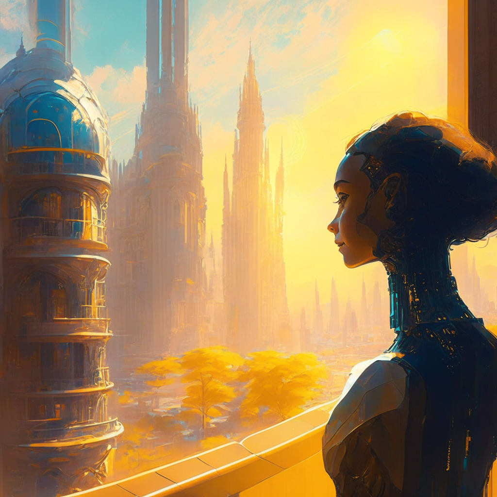Futuristic cityscape with AI chatbot, ethical guidelines, warm sunlight, blend of Baroque & Impressionist styles, mood of contemplation & ambition. Chatbot navigates complex conversations among diverse individuals, ethical principles radiating gently, shadows hinting at potential challenges.