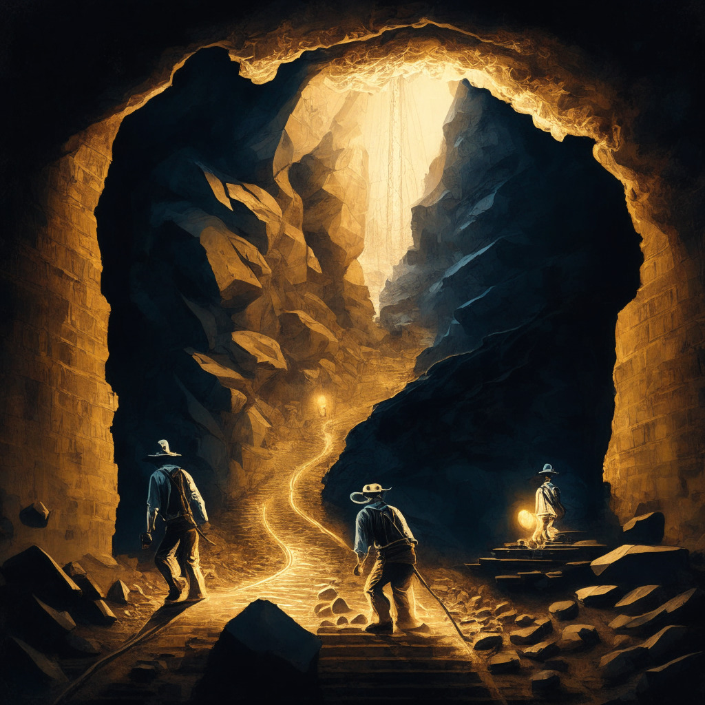 Crypto miner's dual journey, chiaroscuro-style lighting, balanced composition, renaissance painting style, contrasting emotions. Scene depicts a company navigating a winding pathway surrounded by the dawn of profitability & increased production, while shadowed by the looming presence of SEC scrutiny, simultaneously embracing growth & addressing regulatory challenges.