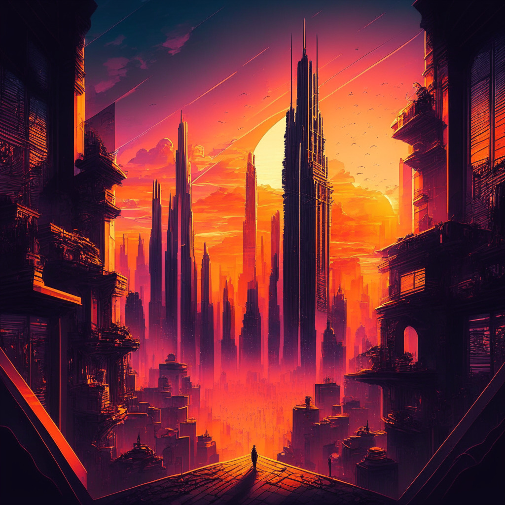 Intricate cityscape with crypto elements, vibrant sunset hues, Binance executives navigating a maze of regulations, blend of Renaissance and futuristic style, a sense of resilience amidst uncertainty, contrasting dark shadows and the glow of emerging opportunities.