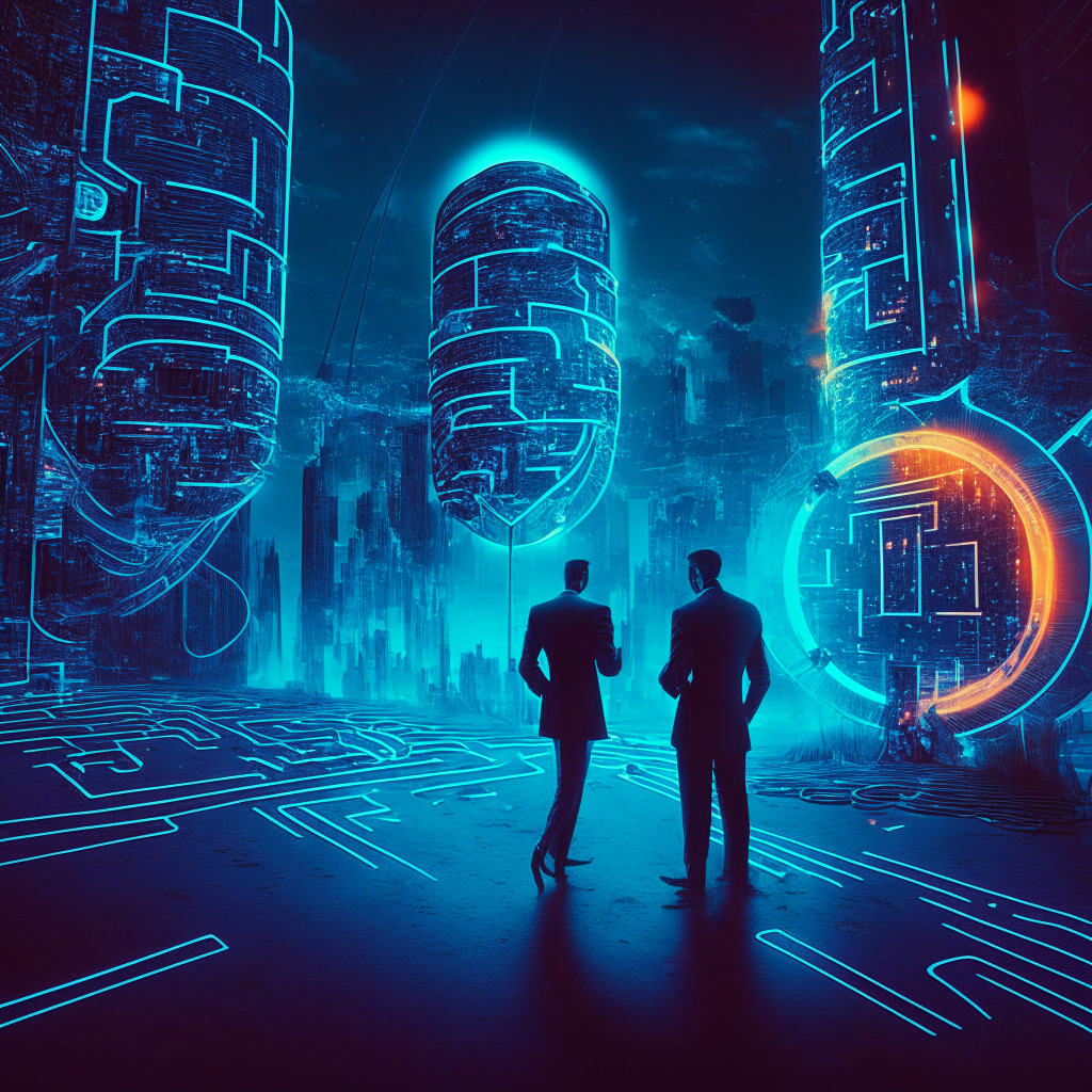 Futuristic financial landscape at dusk, elegant advisors guiding investors through digital labyrinth, neon-lit crypto coins emitting moody, ethereal glow, subtle tension between innovation & regulation, chiaroscuro contrast highlights evolving custody rule changes, balancing safety & progress.