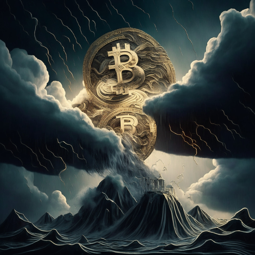Intricate rollercoaster amidst a stormy sky, fluctuating crypto coins, ascending smaller tokens, descending Bitcoin, sleek and modern artistic style, soft chiaroscuro lighting, emboldened light sources on peaks and troughs, a mix of hope and uncertainty, triumphant emerging tokens contrasting with the somber mood of Bitcoin's dip.