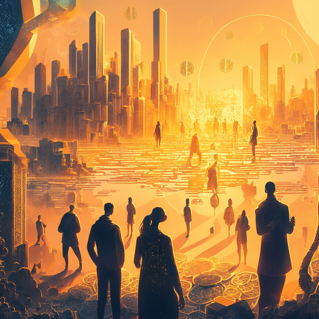 Intricate crypto landscape, diverse people conversing, artistic debate style, hazy golden light, blockchain connections, uplifting & skeptical mood, futuristic city backdrop, tokens as floating holograms, investors navigating amidst controversies, dramatic chiaroscuro contrasts.