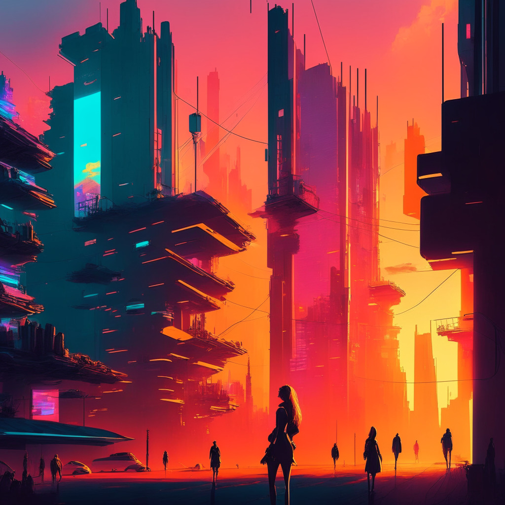 Futuristic city, blockchain nodes connecting buildings, diverse people discussing, warm sunset glow, cyberpunk aesthetic, balanced mix of optimism & challenges, secure digital transactions, empowering individuals, open-minded debate, energetic atmosphere, vibrant colors, sleek lines.