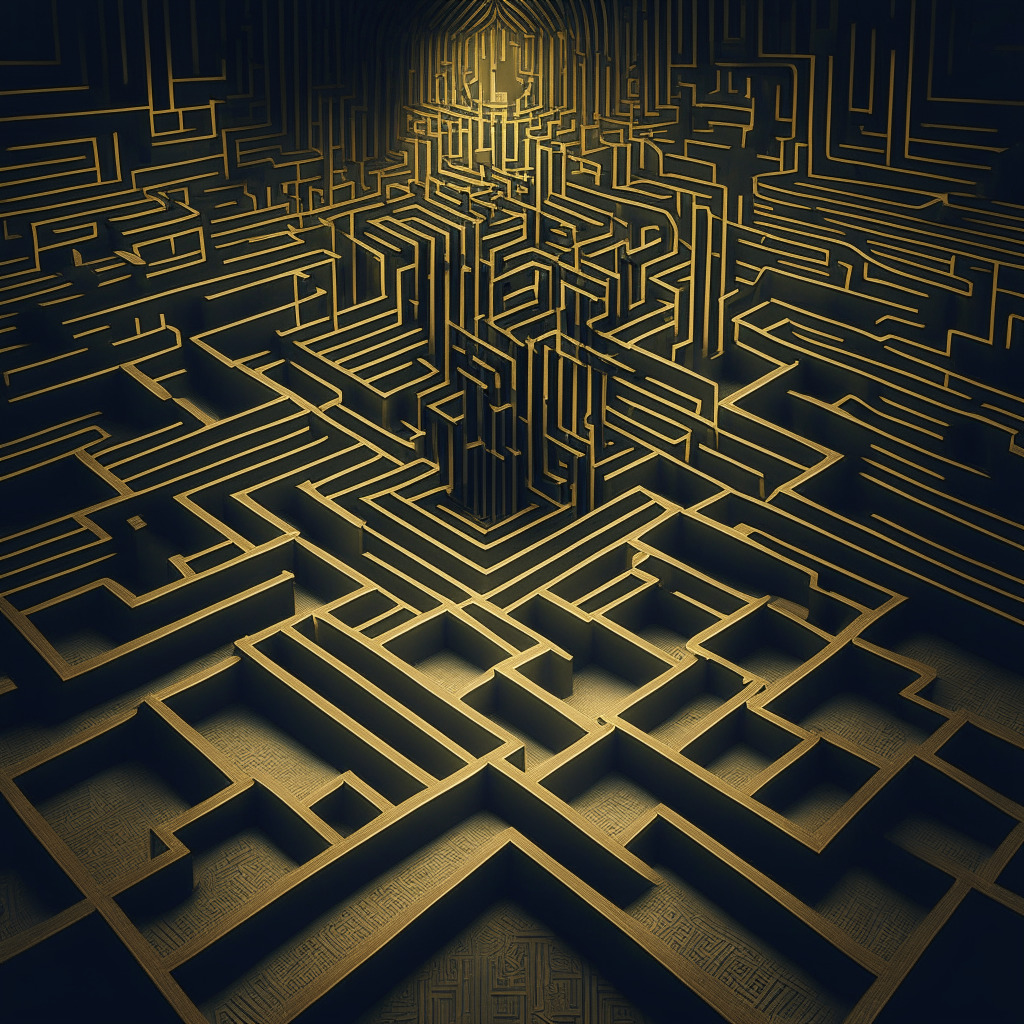 Cryptocurrency regulation maze, intricate Art Deco style, dimly lit pathways, contrasting light and shadow, ambiguous cryptocurrency icons, mood of uncertainty, legislation documents subtly visible, sense of navigating complexity, balance between safety and innovation, hopeful undertone.