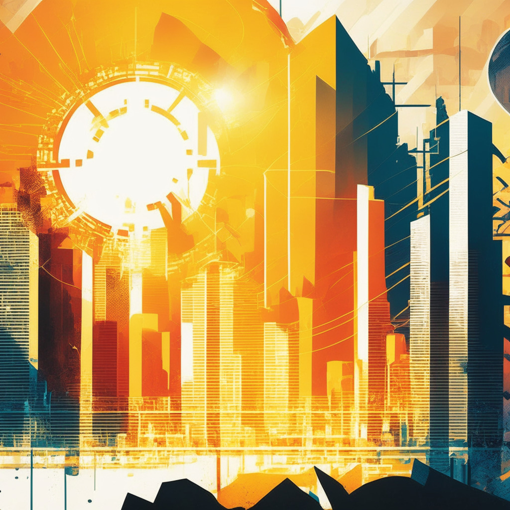 Sunlit abstract cityscape, balanced scale with cryptocurrency symbols & traditional finance elements, warm & cool color harmony, subtle hints of volatility, caution tape intertwining, contrasting moods of optimism & uncertainty, faint silhouette of regulatory hurdles, near-term focus merging with long-term prospects.