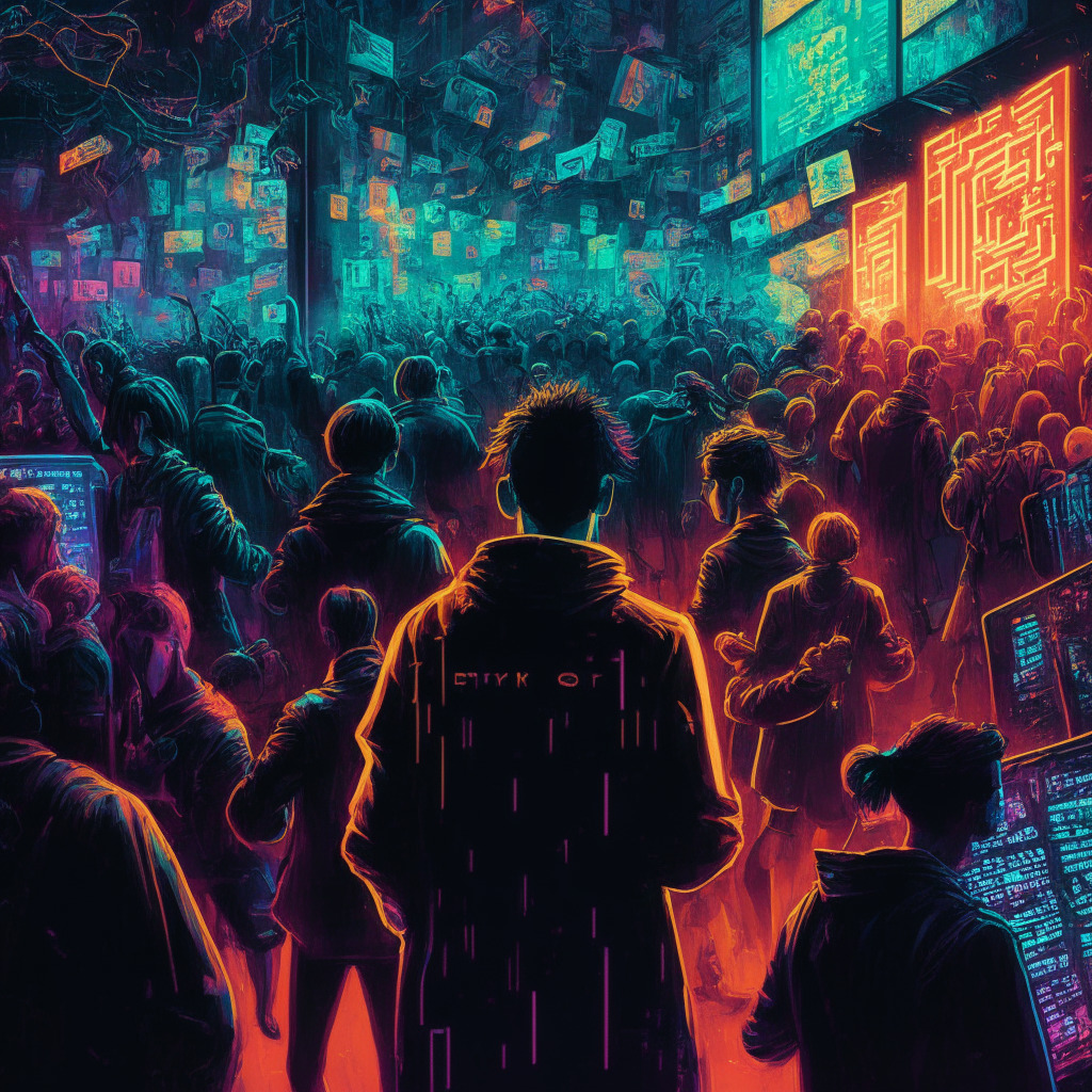 Crypto-themed artwork, chaotic urban scene, congested network infrastructure, bright neon lights, contrasting dark shadows, urgent mood, uneasy tension, overflowing transaction symbols, detailed data screens with fluctuating Bitcoin prices, crowd of diverse characters representing traders & exchanges, distinct air of uncertainty. (349 characters)