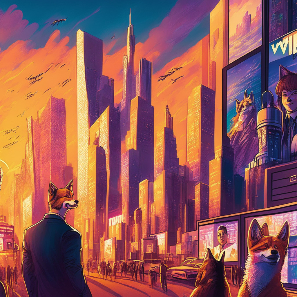 A bustling digital metropolis with crypto billboards, Linda Yaccarino as the new CEO, Elon Musk supporting from his executive chair, vibrant colors representing Dogecoin & Shiba Inu, a futuristic city skyline, warm sunset lighting, Art Deco-inspired architecture, optimistic atmosphere, people exchanging cryptocurrencies.