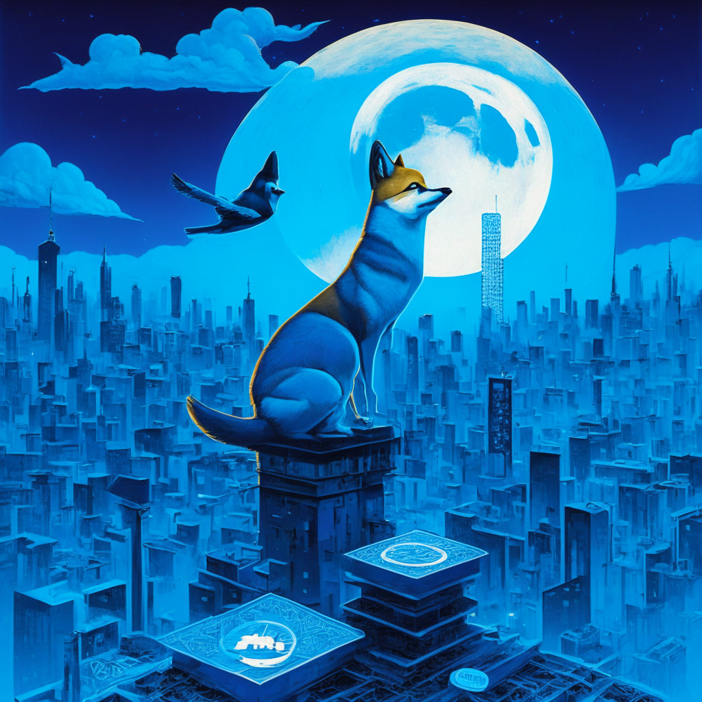 Surreal city landscape, Twitter's iconic blue bird morphing into a Doge, new CEO Linda Yaccarino perched atop a platform, bold color palette, moonlit night, tinge of mystery, cryptocurrency symbols like Dogecoin and Shiba Inu floating, air of anticipation, energetic yet enigmatic atmosphere.