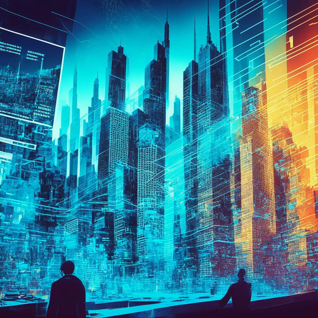 Futuristic cityscape with blockchain elements, 133 W 19th St. New York backdrop, diverse experts debating on stage, transparent ledger books, strong vs weak crypto coins, DeFi technology devices, contrasting warm and cool colors, chiaroscuro lighting, lively atmosphere, innovative vs traditional financial symbols, intense mood, elements of triumph and skepticism.