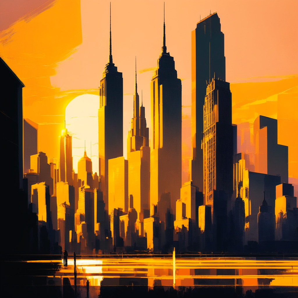 NYC real estate scene with crypto influence, golden sunset skyline, futuristic architecture, blockchain elements, juxtaposition of trust & skepticism, vibrant yet cautious mood, elegant painting style, contrasting light & shadow, wavering values illustrated, legal uncertainties looming.
