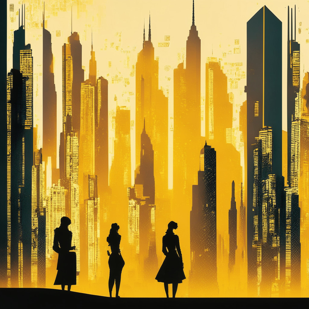 Futuristic Manhattan cityscape, blockchain motifs embedded in skyscrapers, diverse financial professionals interacting, warm golden glow, silhouette of digital currency symbols, hint of uncertainty, contrasting modern art style, figures examining digital ledgers, air of optimism and skepticism.