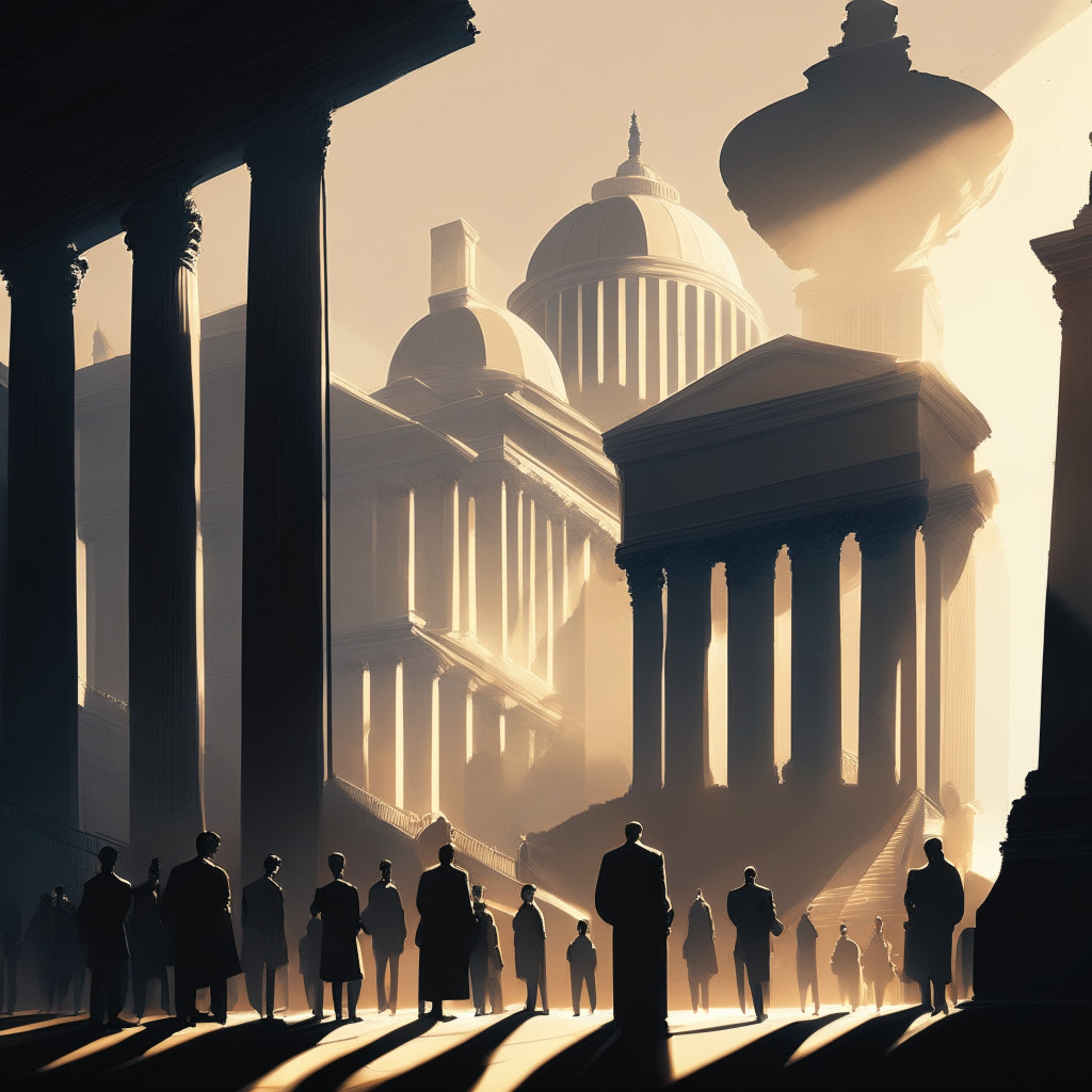 Ethereal cityscape with neoclassical architecture, diverse group of lawmakers discussing crypto regulations, Attorney General standing firm, soft warm light casting long shadows, sharp contrasts between light & shadow, hints of Wall Street in the background, air of constructive debate, mood of cautious optimism. (342 characters)