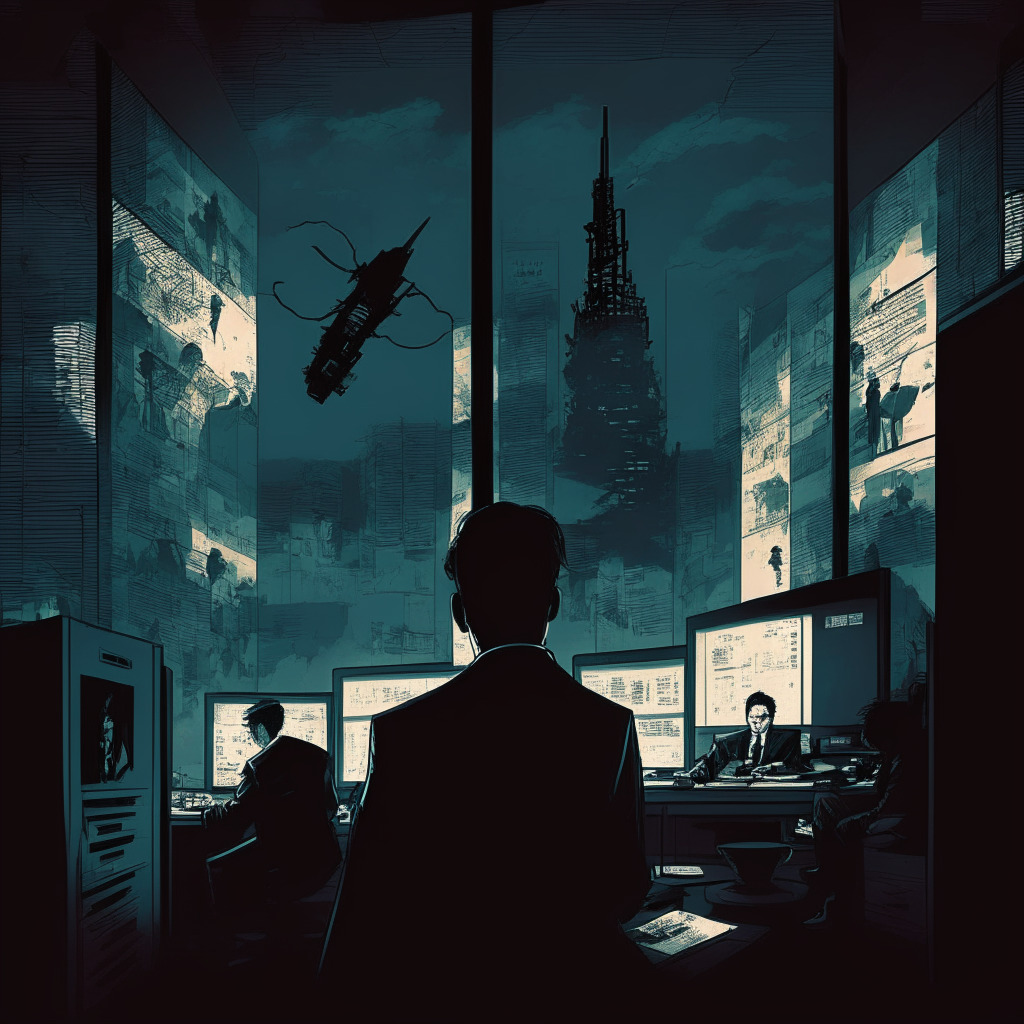Intricate cybercrime scene, moody lighting, artistic manga style, urban Tokyo background, hidden hackers in shadows, anxious investors, looming missile imagery, contrast of innovation and threat, determined Japanese regulators, ominous North Korean atmosphere.