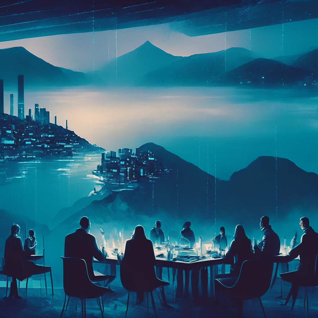 Misty Norwegian fjords at dusk, policymakers discussing around a table, a digital glowing web of crypto connections, a beam of light symbolizing regulation, colors of serenity and skepticism mingling in abstract patterns, a futuristic cityscape implying innovation with caution, a delicate balance evoked in the composition.