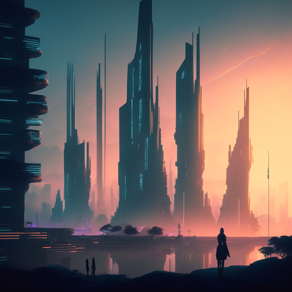 Futuristic city skyline representing AI boom, Nvidia HQ dominating landscape, AI-generated NPC conversing with a gamer, ethereal glow with soft shadows, chiaroscuro effect, subdued color palette, contrast between progress and caution, tense yet hopeful atmosphere.