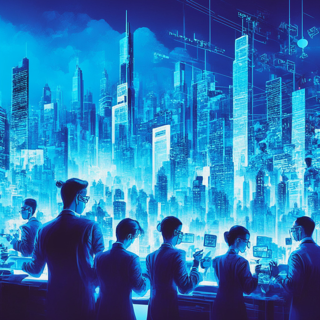 Crypto trading scene in Hong Kong, futuristic city skyline, users trading virtual assets on glowing devices, prominent cryptocurrencies like BTC, ETH, ADA, warm and vibrant lights, mood of anticipation and excitement, regulation and security symbols, soft inky blue shades for market volatility, collaborative spirit between regulators and traders.