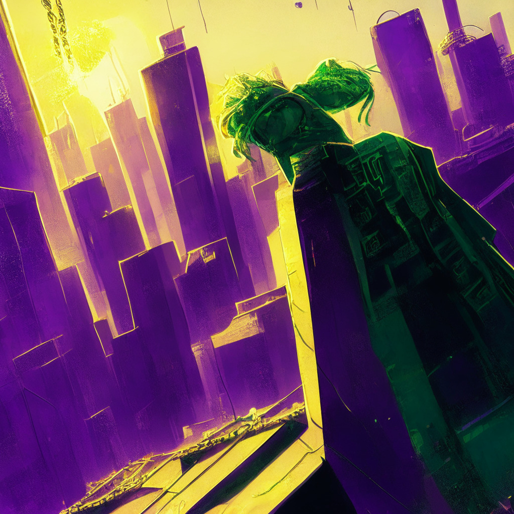 Sunlit rooftop scene with financial district backdrop, heavy golden chain linking two buildings, one building crumbling, one rising with neon green, vibrant purple shattering glass, digital coins shimmering midair, USDT and MASK tokens engraved on them, hopeful yet tense atmosphere, chiaroscuro lighting effect, chiaroscuro shading on faces, expressive brushstrokes.