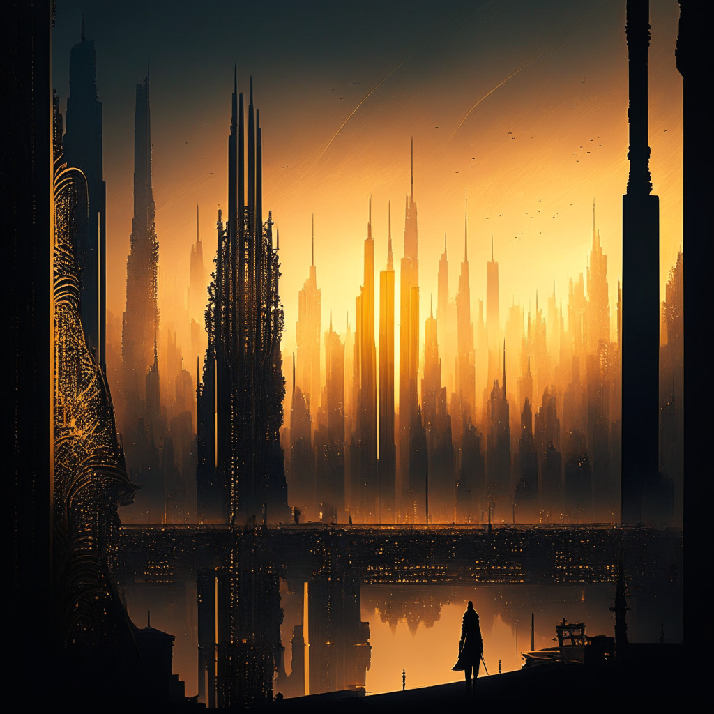 Intricate city skyline at dusk, blending Renaissance and futuristic styles, subtle shadows and hints of gold, tense atmosphere, focus on a digital display showing a $60M transfer, mysterious figures in the background, a sense of urgency and uncertainty.