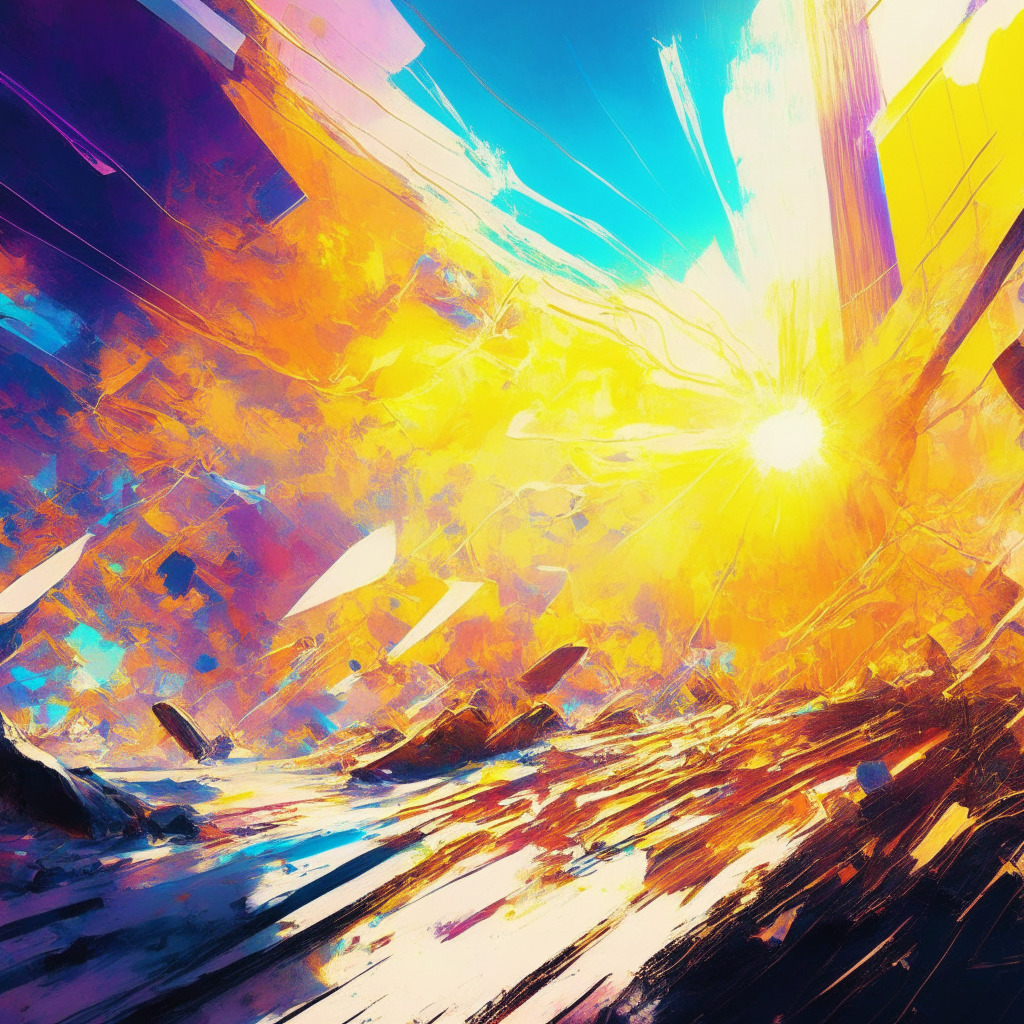 Futuristic financial battleground, OKX challenging Coinbase, contrasting philosophies, update vs rewrite, glowing decentralized Web3 landscape, bright sunlight symbolizes hope, dynamic brush strokes evoke tension, intense colors for passionate debate, emotions sway between doubt to determination.