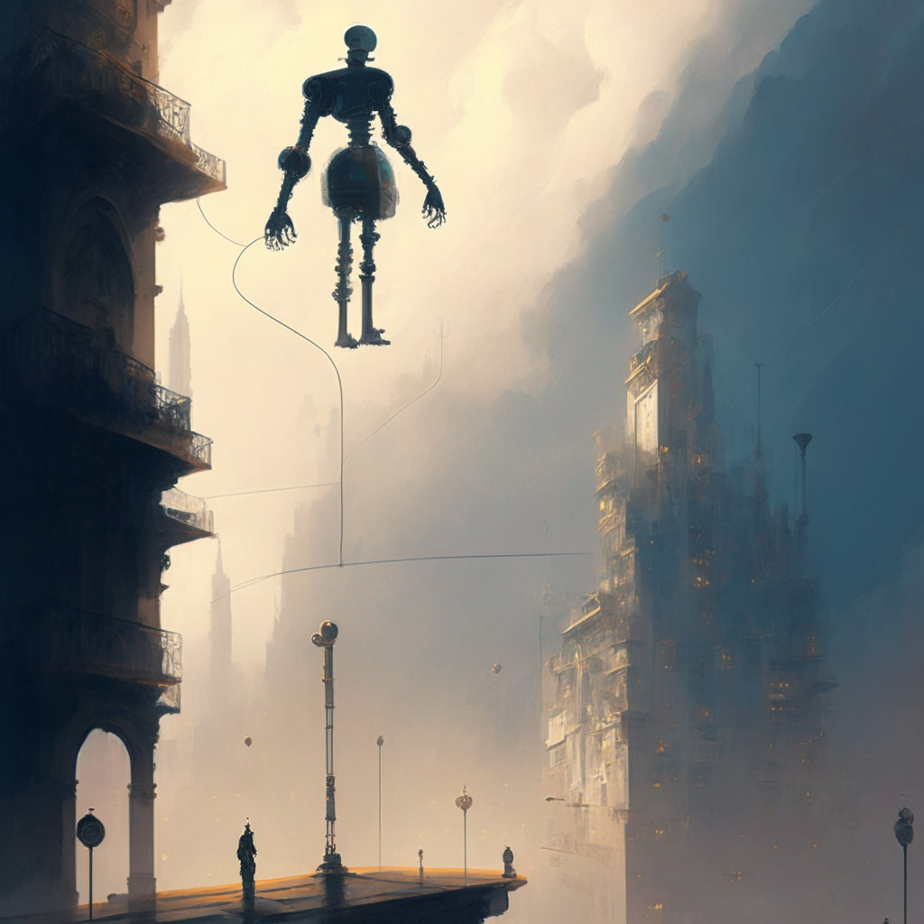 Intricate European cityscape, looming cloud of AI regulations, ChatGPT represented by a robotic figure balancing on tightrope, subtle contrast in lighting suggesting uncertainty, muted colors for somber mood, touch of Impressionistic style, subtle rays of light hinting at optimism.