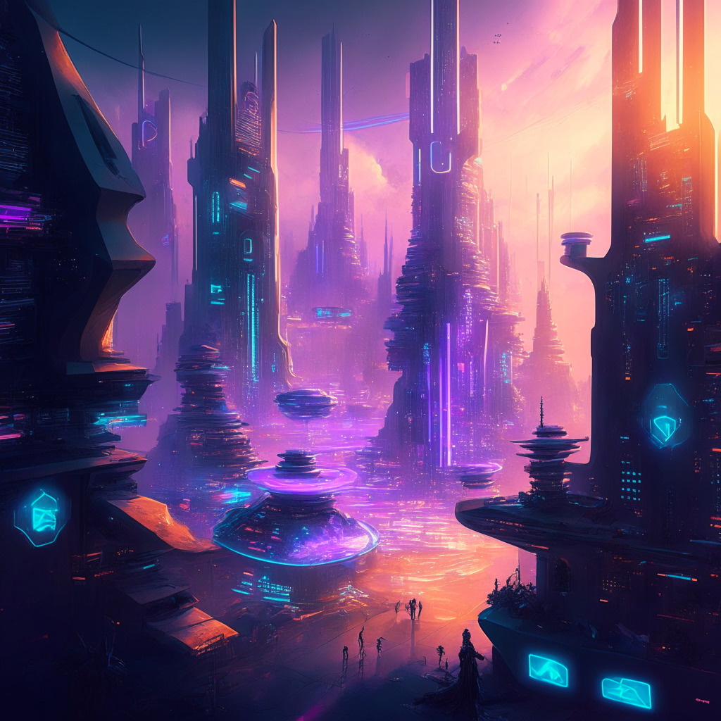 Futuristic gaming city connected via digital network, Openfort's wallet-as-a-service innovation, seamless crypto transactions, ethereal glow, account abstraction, diverse gamers connected in harmony, Web3 functionality, Ethereum-compatible networks, immersive artistic style, accessible mood, dawn of a new gaming era.