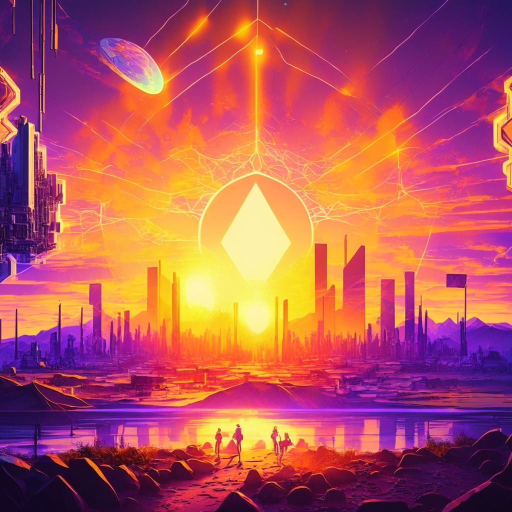 Ethereum L2 scaling landscape, sun rising over interconnected world, Optimism and Worldcoin collaborating, fast and affordable transactions, glowing NFT, mood of progress and optimism, dynamic cyberpunk art style, futuristic network and infrastructure, expanding Ethereum ecosystem, vibrant colors.
