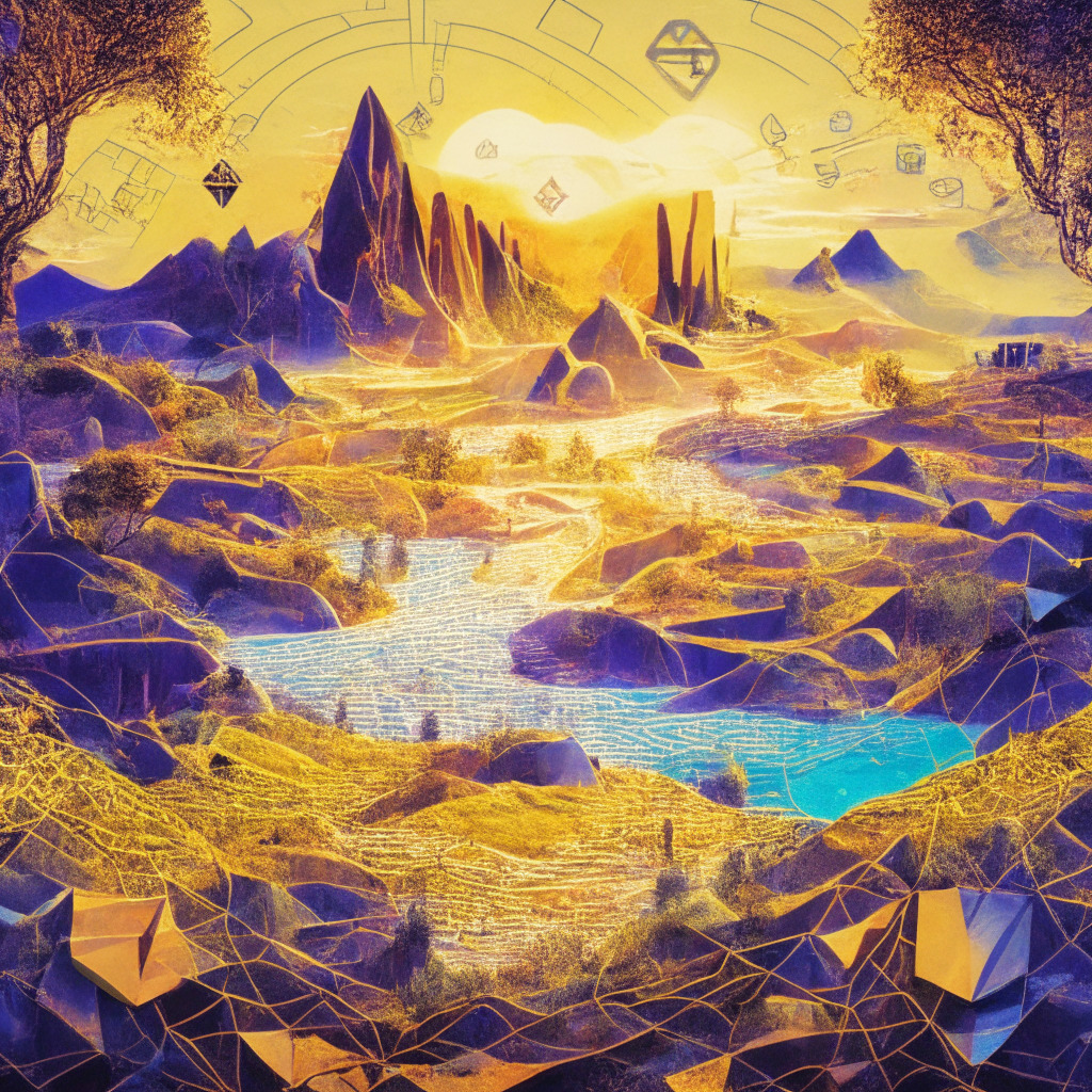 Ethereum landscape with bright optimism, Layer 2 scaling solution in forefront, intricate circuits symbolizing Bedrock upgrade, transaction fees reducing, compatibility enhancements, warm sunlight reflecting progress, energetic atmosphere, vibrant colors evoking optimism, harmonious blend of nature and technology, calm mood embracing change, no logos.