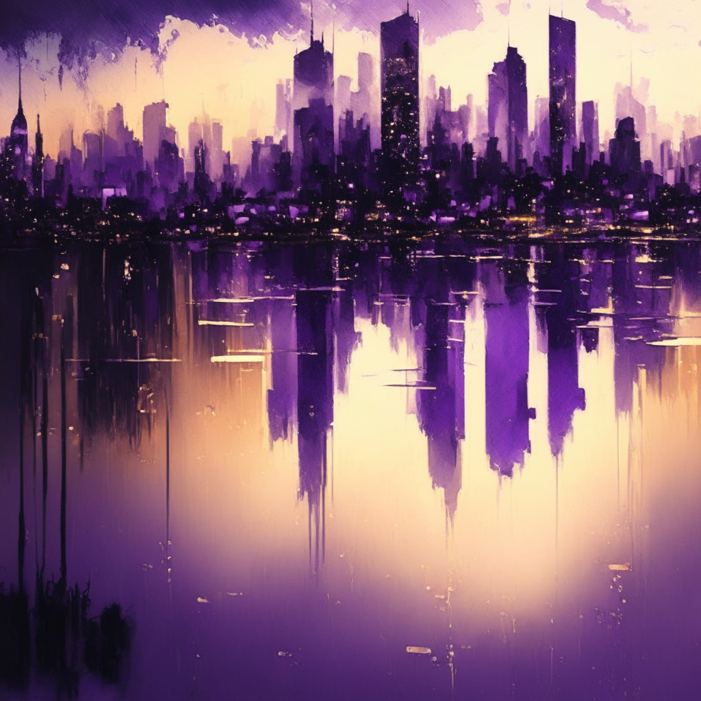 Intricate crypto city skyline at dusk, soft watercolor brushstrokes, somber mood, mixture of Litecoin, Dogecoin & Bitcoin edifice, busy city lights, reflections on rippling water, early evening sun casting hues of purple & gold, subtle air of mystery around Ordinals protocol.
