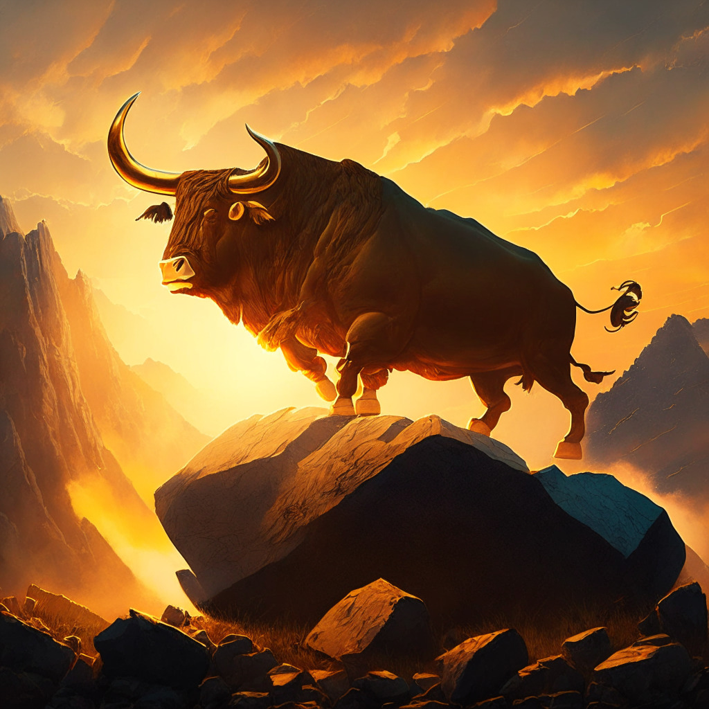 Dramatic, uplifting sunset casting golden light on a mountainous landscape, a robust bull frees itself from a collapsing rocky wedge, symbolizing a bullish takeover. Artistic style inspired by Baroque drama, focus on contrasts between light and darkness. Mood: triumph, perseverance, and a hint of uncertainty at the hurdles ahead. (max 350 characters)