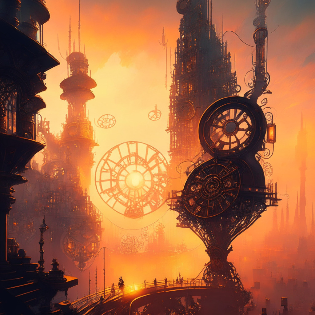 Victorian steampunk cityscape, blockchain structures, hurdles being crossed, celebratory mood, soft sunrise glow, intricate gear mechanisms, abstract futuristic technology, warm color palette, contrasting shadows, dynamic perspective, harmony between past and future, glowing nodes connecting blocks, overcoming challenges, progress and balance.