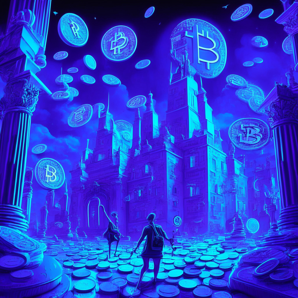 Surreal virtual world with PEPE Coins rising, top 100 crypto tokens, Bitcoin & Ethereum with positive momentum, glowing lights symbolizing 4.9% US CPI inflation, cryptocurrency exchange buildings, Robinhood hovering above, hint of anticipation, blending artistic styles of impressionism and pixel art, soft blue-purple hue for intrigue and wonder.