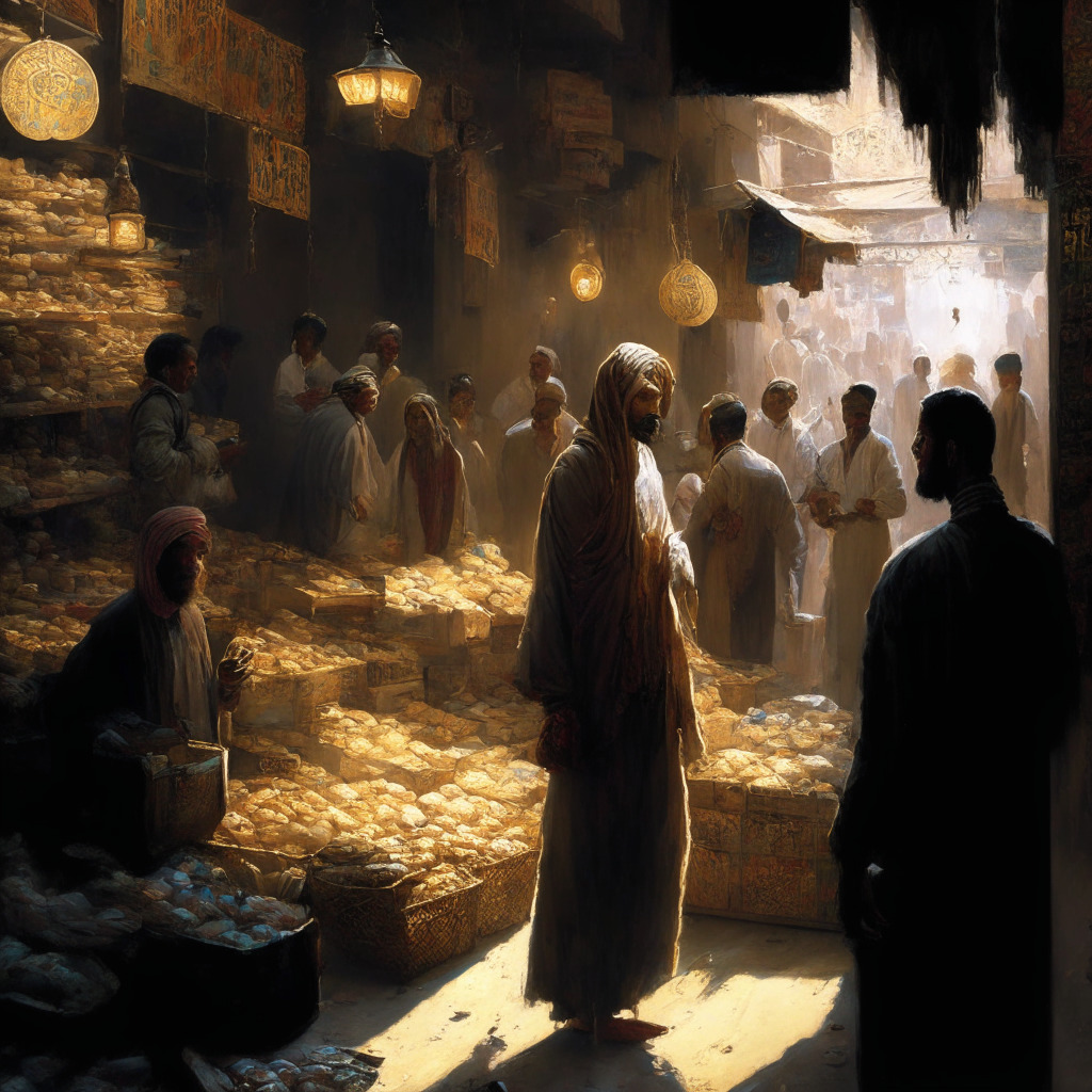Intricate Pakistani market scene, diverse retailers, shadowy government figures, contrast of bright digital currency & darkened traditional cash, chiaroscuro lighting, soaring crypto adoption vs government ban mood, expressive brushstrokes, financial instability undertones, tense atmosphere.
