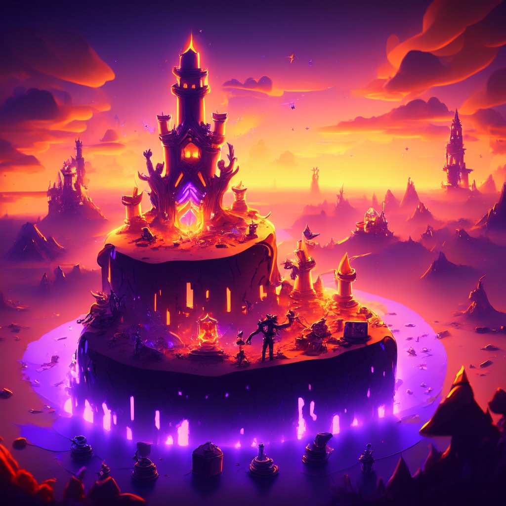 Intricate tower defense game scene, players strategizing, glowing CAKE tokens, warm sunset lighting, decentralized fantasy setting, visually stunning PvP backdrop, dynamic mood, tokens fueling in-game actions, artistic blend of blockchain & gaming, experimental innovation, community-driven direction.