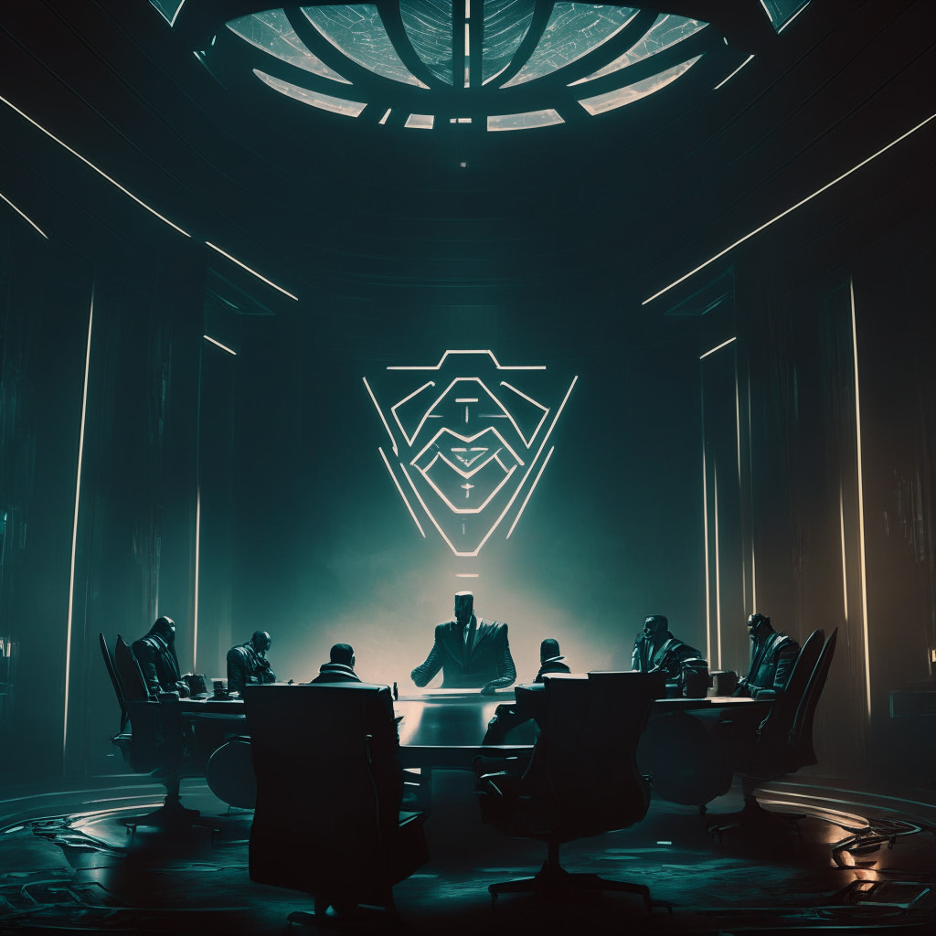 Intricate cyberpunk boardroom, heated argument among futuristic executives, intense lighting contrast, Renaissance-style chiaroscuro, hazy tension, NFTs & cryptocurrency symbols looming. Ethereal glow depicting internal conflict, missing funds, and power struggle. No brand/logo, 350.