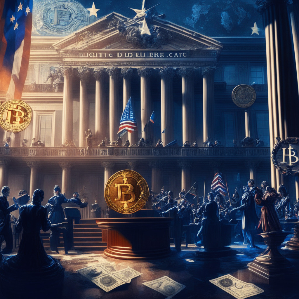 Cryptocurrency legal battle scene, courthouse backdrop, scales of justice, diverse worried stakeholders, defiant exchange representatives, chiaroscuro lighting, baroque art style, tense atmosphere, growing concern, US and EU flags juxtaposed, intricate crypto-themed textures, 350 character limit.
