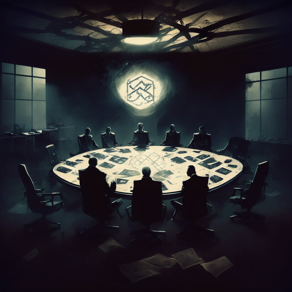 Gloomy boardroom with shadowy figures, divided by a radiant Ethereum symbol, crypto wallets on a chaotic table, dramatic chiaroscuro lighting, cyber security locks and chains, tense atmosphere, impressionistic style, heated discussions, showcasing trust issues, accountability, and turmoil in blockchain space. (345 characters)
