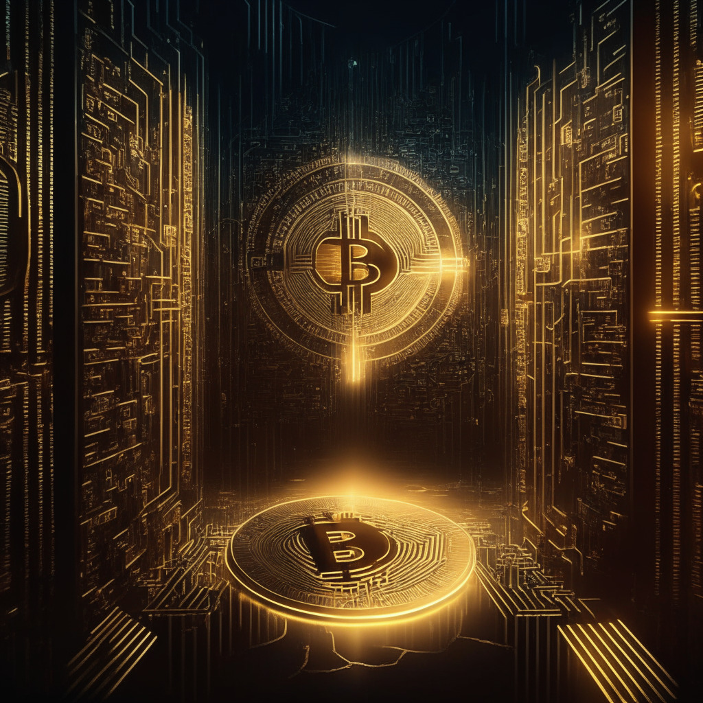 Cryptocurrency exchange revival, golden light illuminating digital coins, abstract binary code background, intricate cyberpunk artwork, secure vault unveiling, calm atmosphere, hopeful mood, sleek monochrome design, balance between progress and safety.