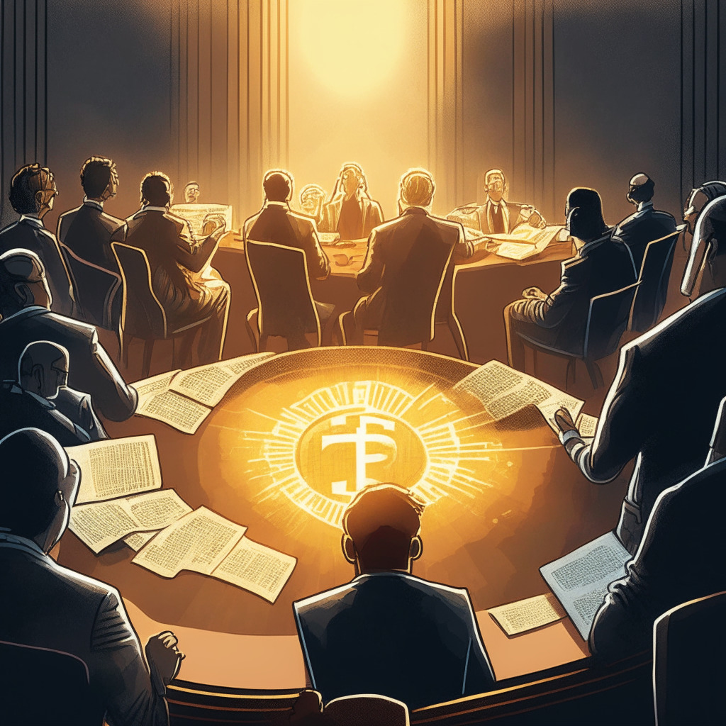 Peer-to-peer bitcoin exchange reconciliation, dramatic courtroom spotlight, legal case against CEO & co-founder, tense atmosphere around a conference table with a custodian director, contrasting shadows of trust & uncertainty, wallet remaining accessible, ray of hope shining from above, subtle skepticism in the crypto community's eyes, resolved challenges that loom large.