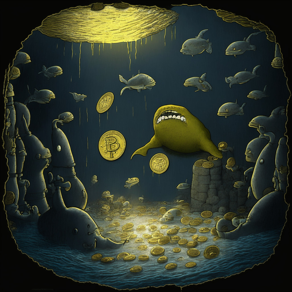 A dramatic crypto scene with Pepe Coin plunging, whales holding large positions, and a glimmer of potential recovery. The atmosphere is a chiaroscuro blend of darkness and light, reflecting uncertainty and hope. The mood is tense, with a looming artistic sense of a turning point in the descent, as amid the meme token frenzy, the underdog SpongeBob coin emerges.