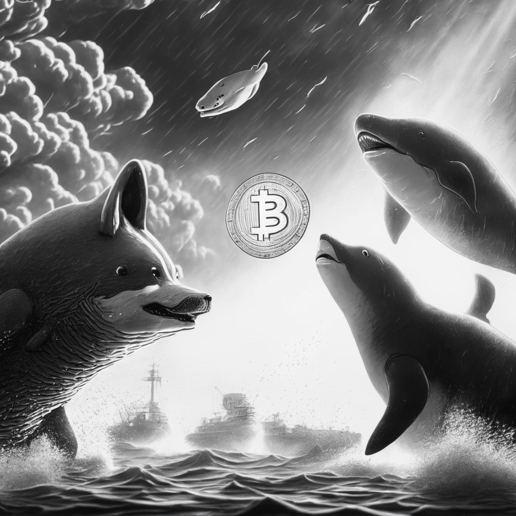 Cryptocurrency battle, Pepe coin rising, Shiba Inu declining, whales exiting, artistic grayscale tones, somber mood, dynamic lighting, Shiba Inu & Pepe coin face-off, Ethereum whale wallets background, digital metaverse setting, strong contrast, 350 characters max