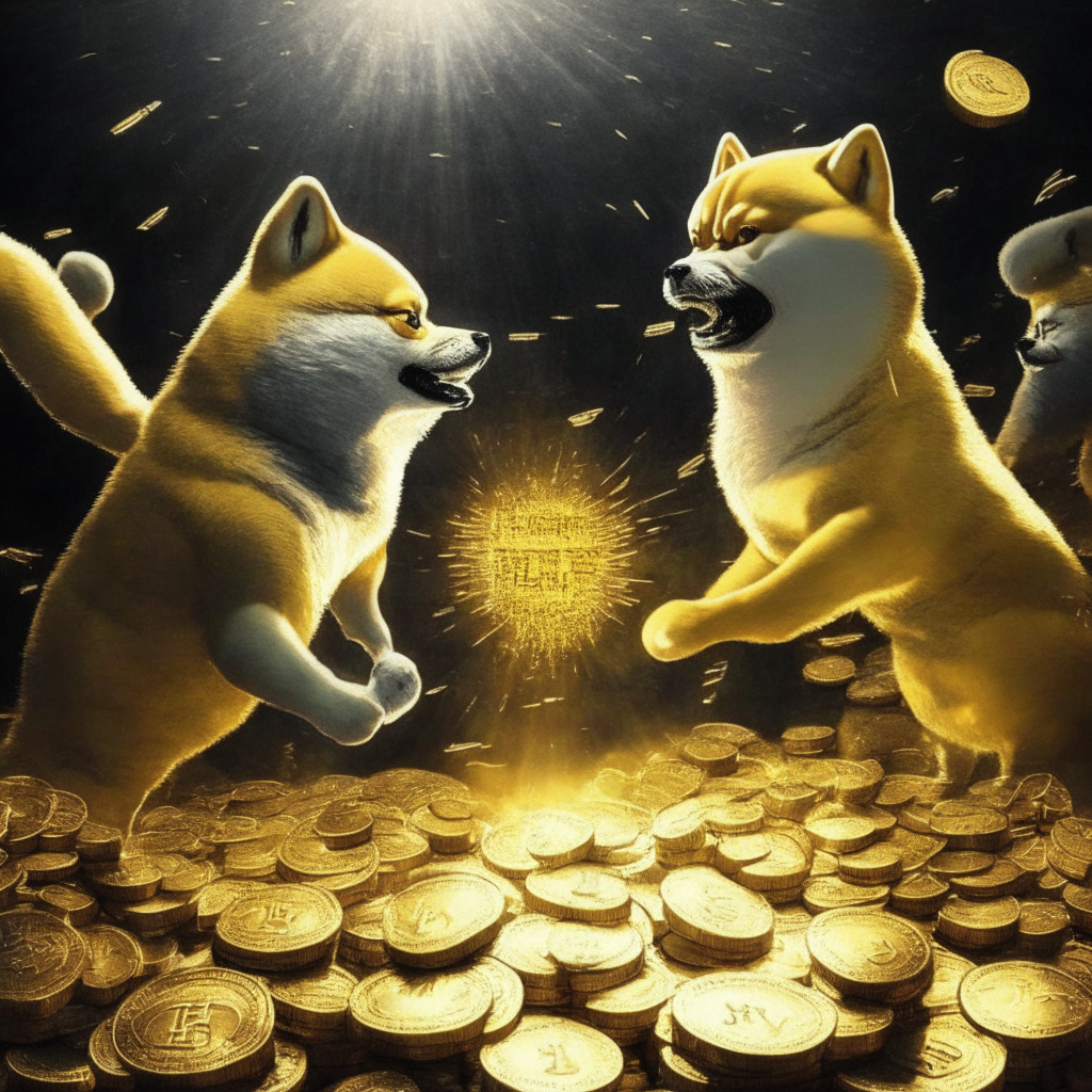 Meme coin battle, Pepe Coin vs Shiba Inu, market rally contrast, bearish vs bullish setting, cautionary tale for investors, golden-tinged scene, artistic blend of digital coins, dynamic tension, enigmatic atmosphere, spotlight on fluctuations, chiaroscuro effect, unpredictable crypto world.